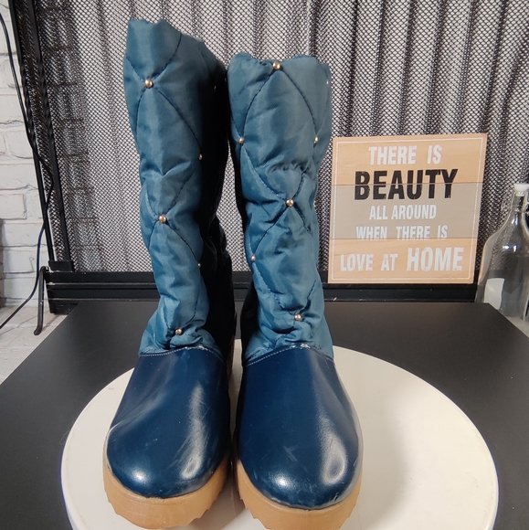 Vintage 1980s USA Sleekers Winter Boot Faux Shearling Lined Slip On 6 Navy - Picture 2 of 9